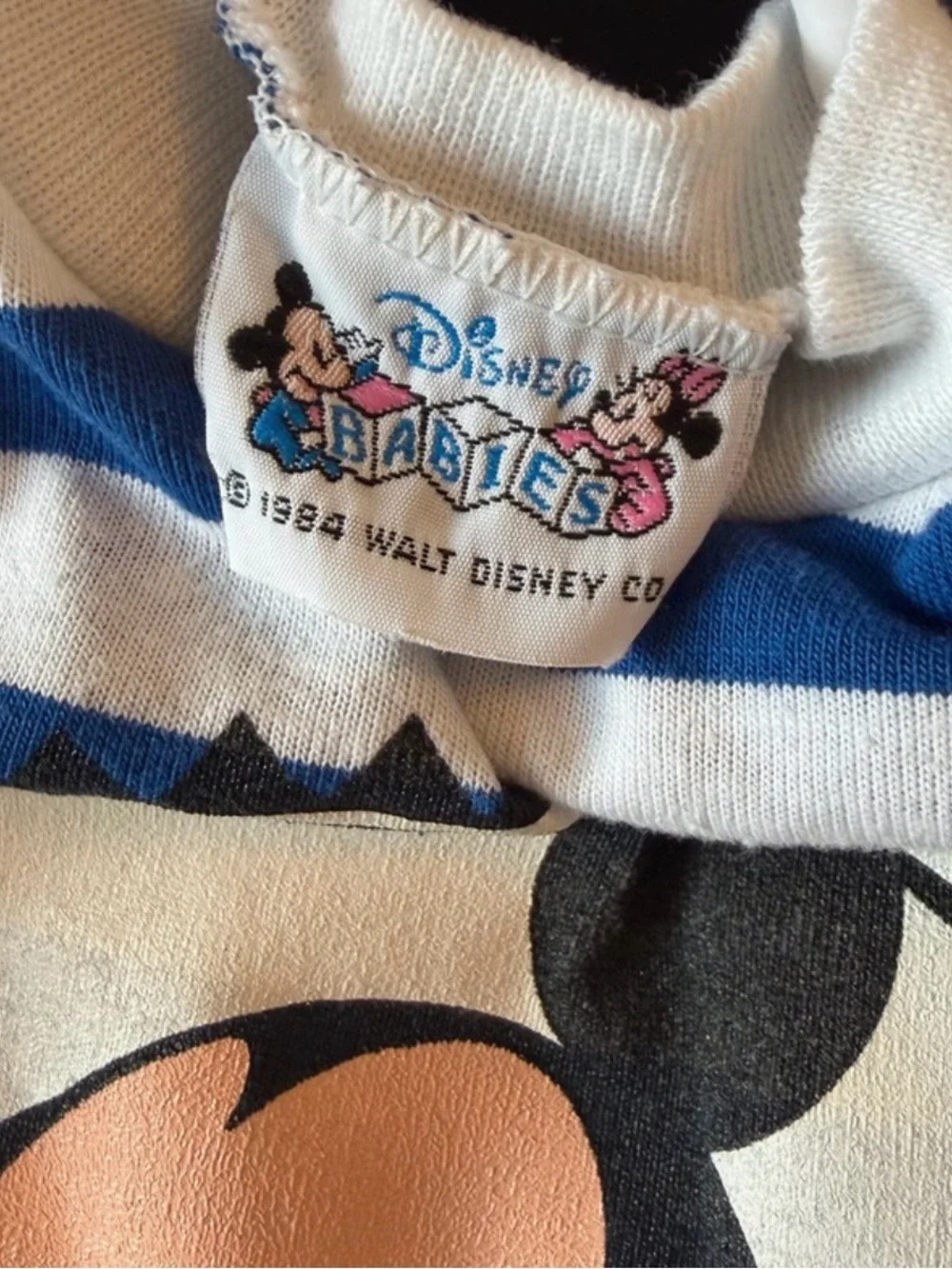 Vintage Baby Mickey Blue & White Striped One-Piece Bodysuit